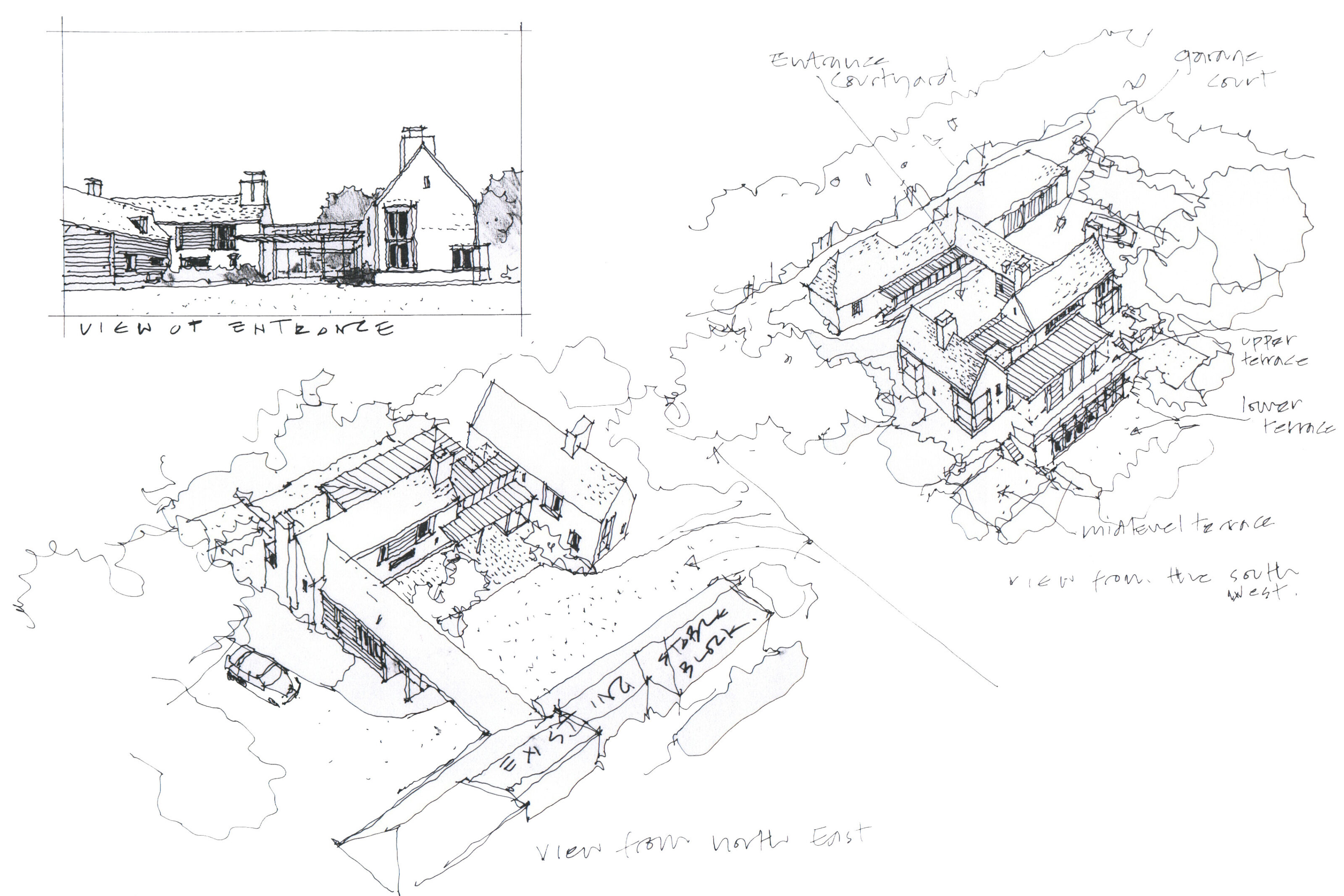 Concept sketches exploring the courtyard arrangement, entrance sequence and massing composition of Guildford House.