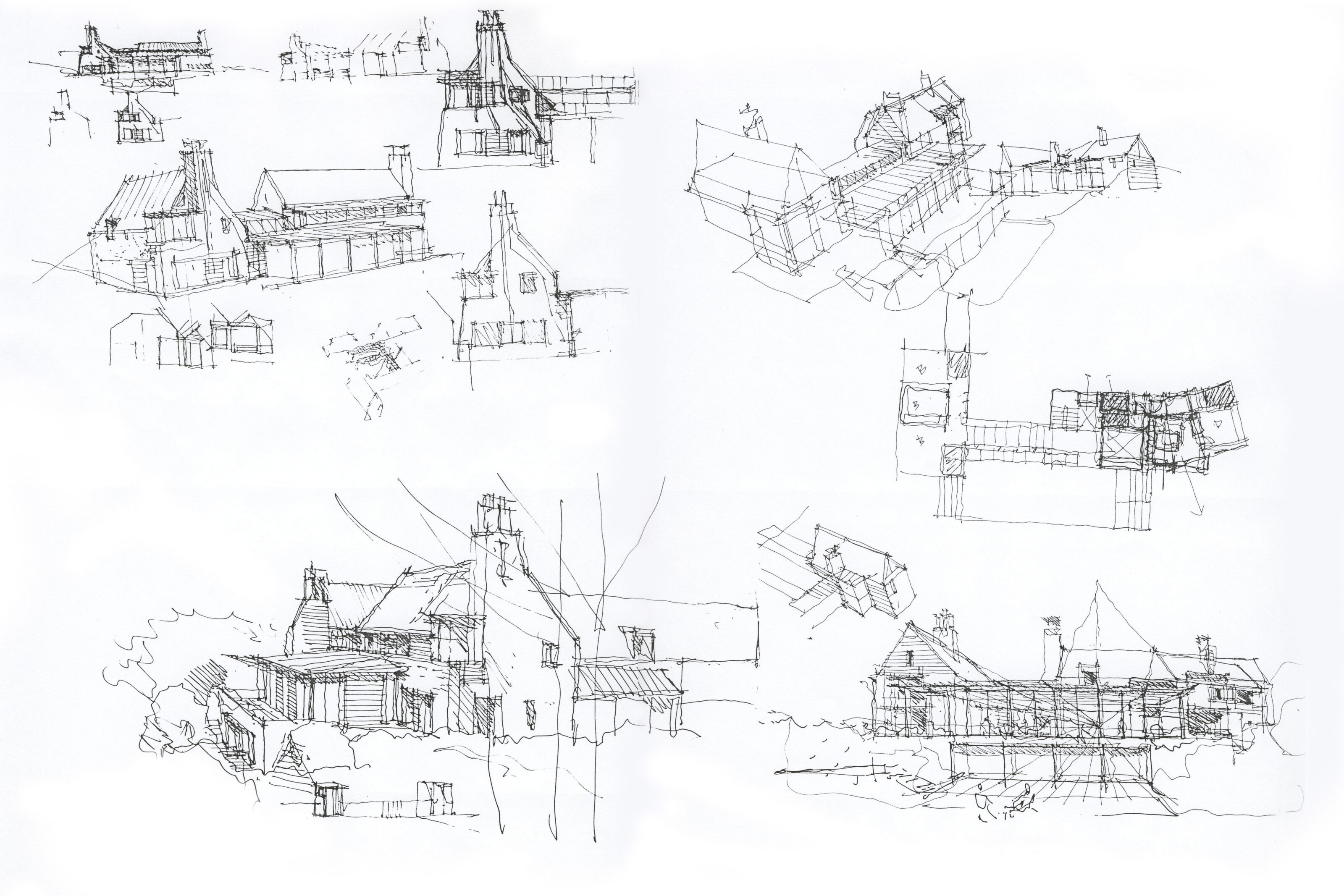 Architectural concept studies exploring form, roof profiles, chimneys and the fragmented composition of Guildford House.