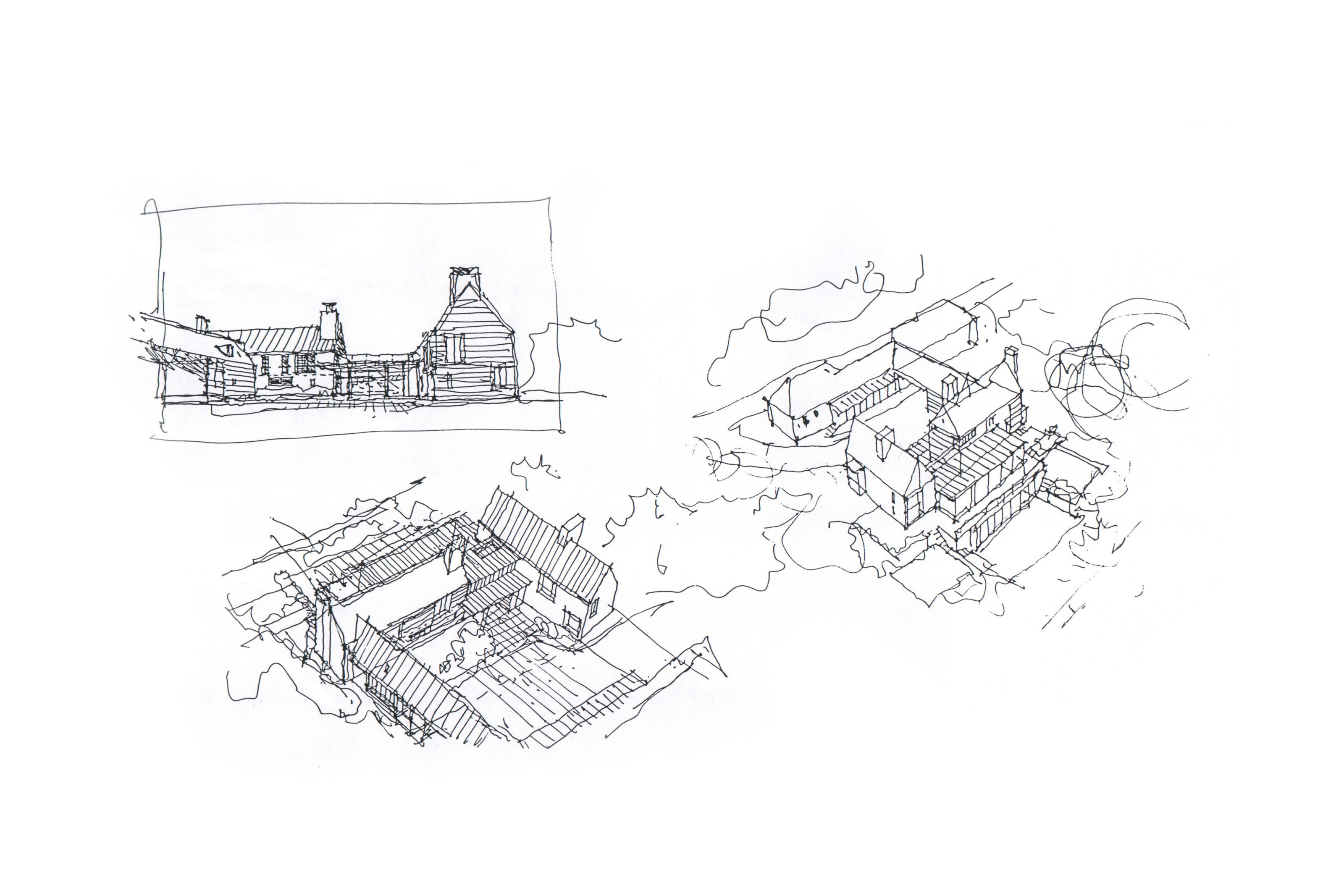 Design development sketches investigating the relationship between building volumes, terraces and landscape.
