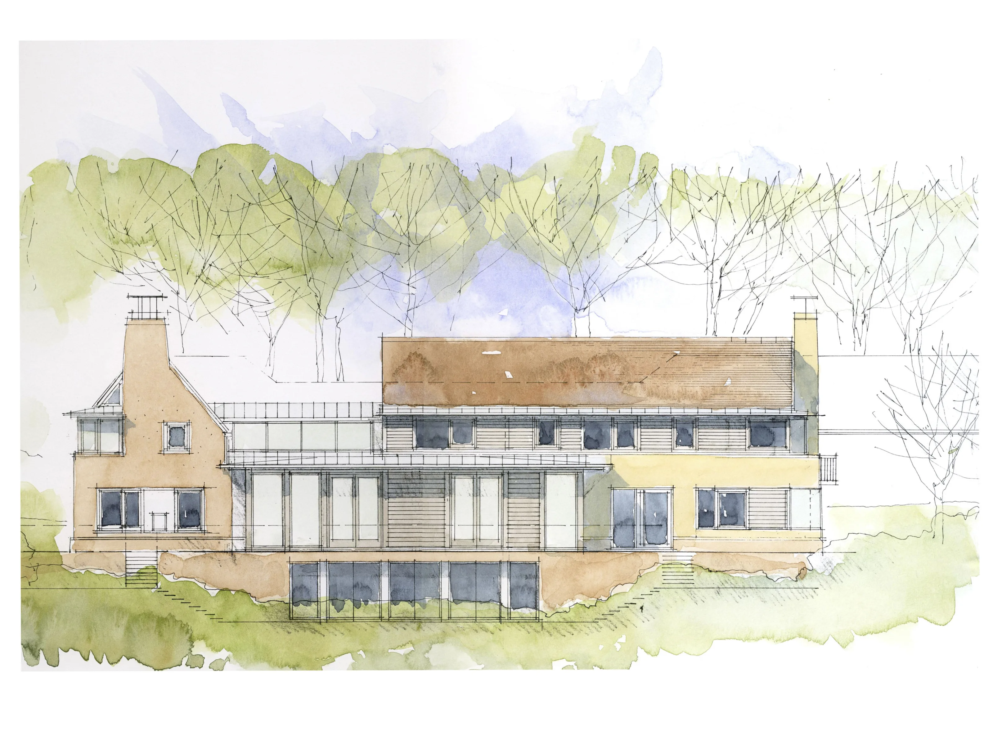 Architectural watercolour elevation illustrating the proposed composition of Guildford House and its relationship to the surrounding landscape.